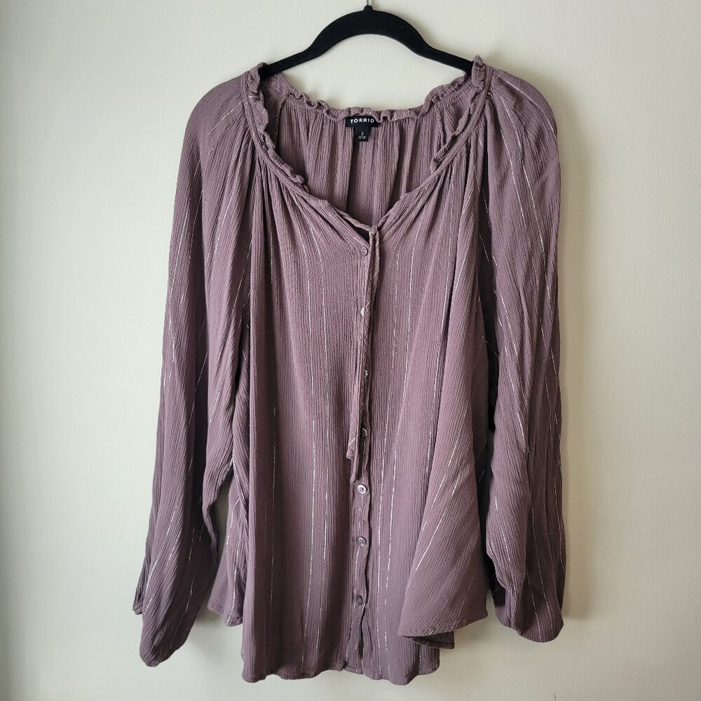 Torrid Plum and Silver Top, Long Sleeve Peasant Blouse